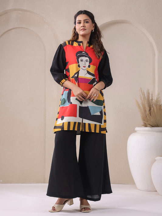 Black Mandarin V-Neck Silk Cord Set