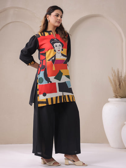 Black Mandarin V-Neck Silk Cord Set
