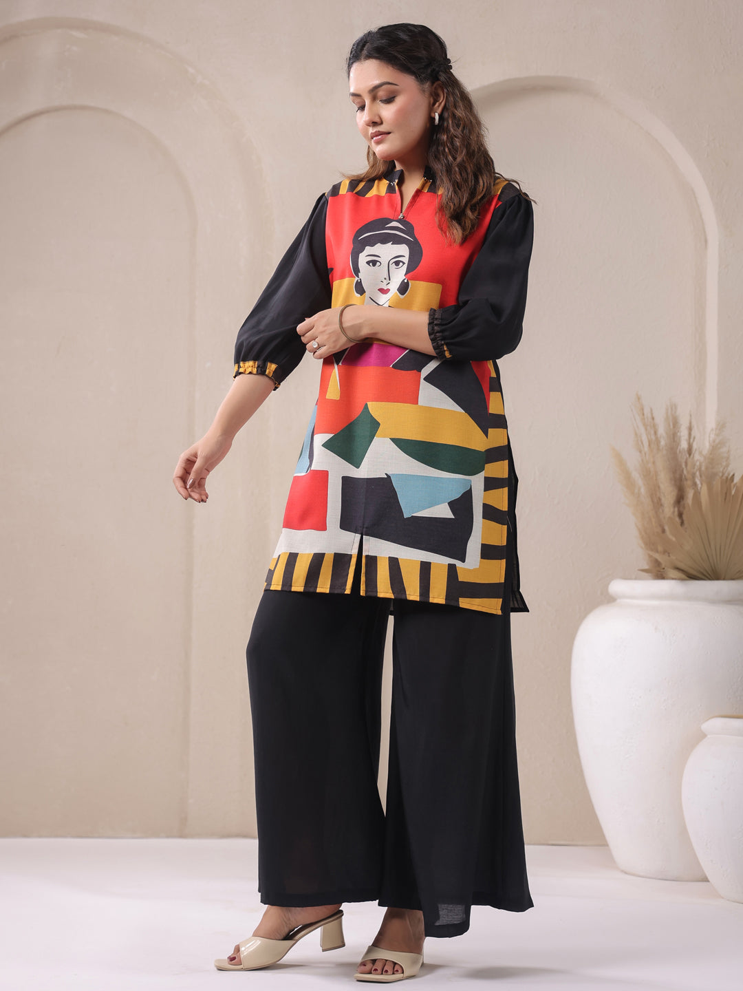 Black Mandarin V-Neck Silk Cord Set
