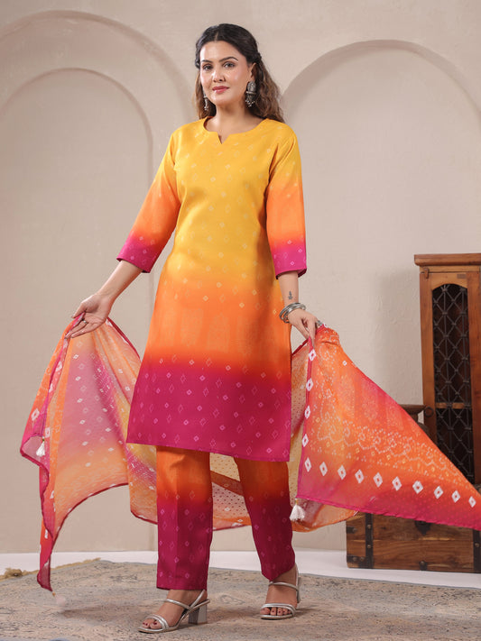 Span Yellow V-Neck Cotton Kurta Set with Dupatta