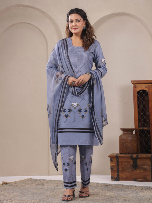 Span Grey Square Neck Cotton Kurta Set with Dupatta