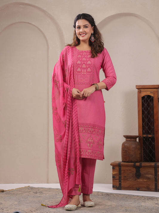 Span Pink Round neck Cotton Kurta Set with Dupatta