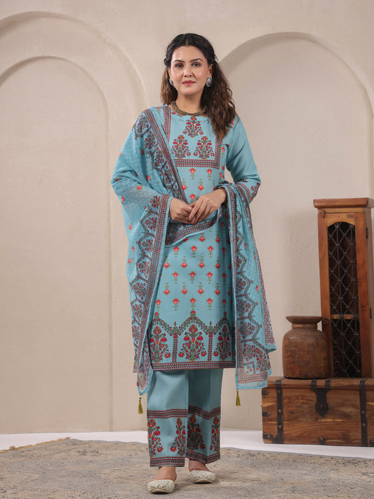 Span Blue Round Neck Cotton Kurta Set with Dupatta