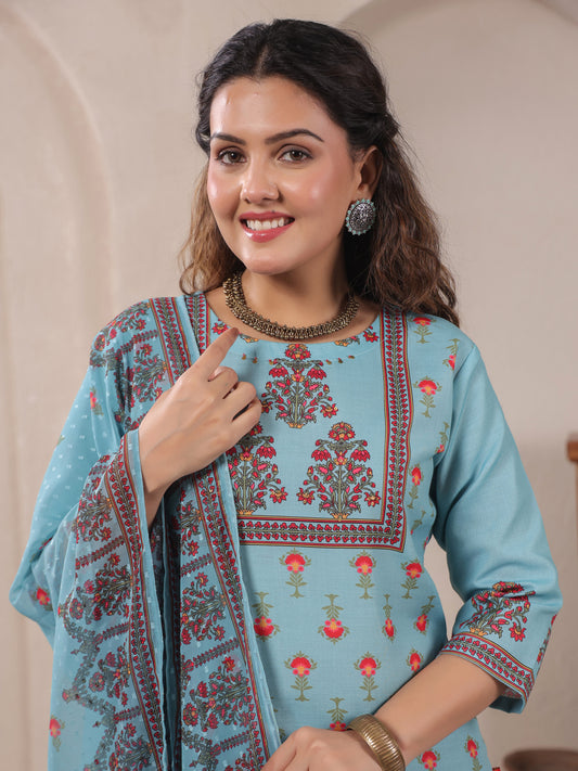 Span Blue Round Neck Cotton Kurta Set with Dupatta