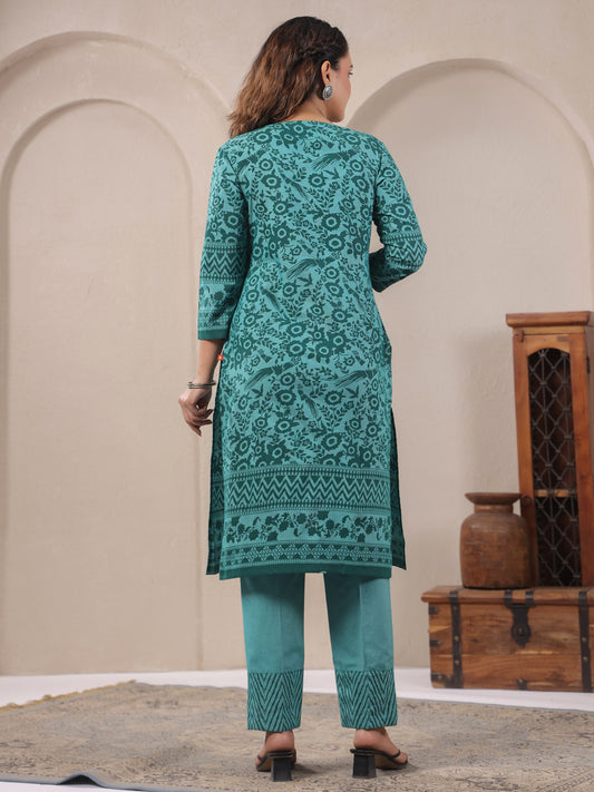 Span Green Round Neck Cotton Kurta Set with Dupatta