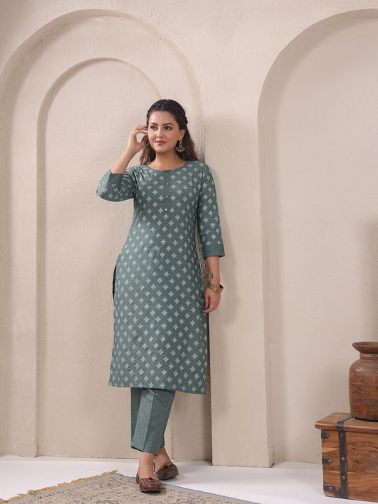 Span Green Round Neck Cotton Co-Ord Set(Set of 2)
