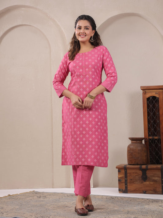 Span Pink Round Neck Cotton Co-Ord Set(Set of 2)