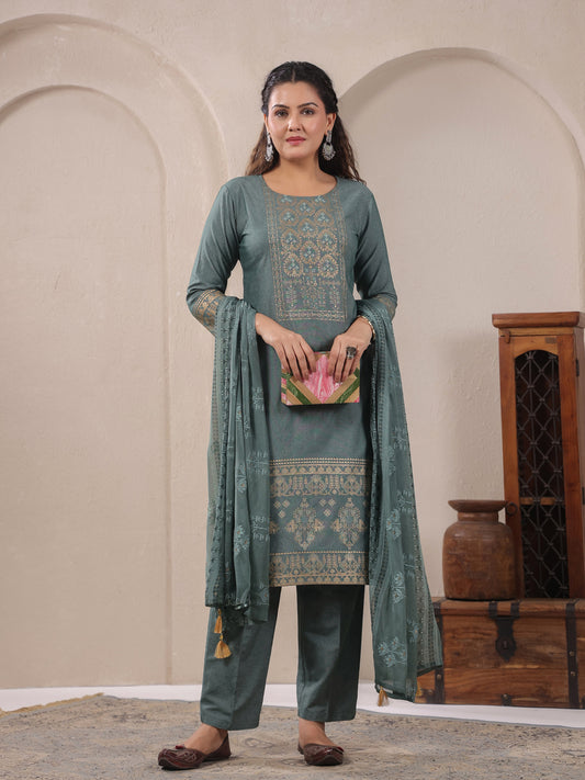 Span Green Round Neck Cotton Kurta Set with Dupatta