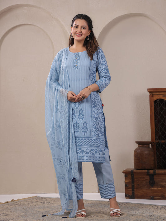 Span Blue Round Neck Cotton Kurta Set with Dupatta