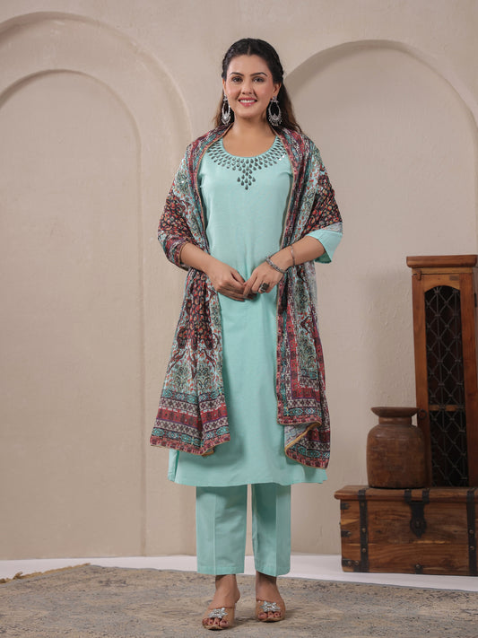 Span Green Round Neck Cotton Kurta Set with Dupatta