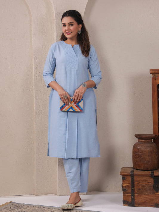 Span Blue V Neck Cotton Co-Ord Set(Set of 2)