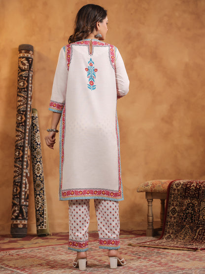 Ivory Round Neck Viscose Kurta Set with Dupatta