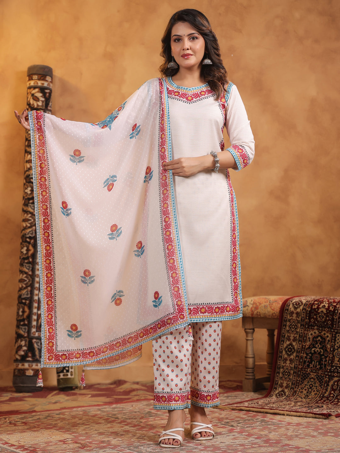 Ivory Round Neck Viscose Kurta Set with Dupatta