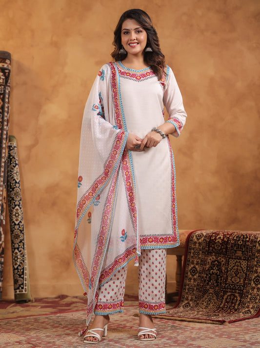 Ivory Round Neck Viscose Kurta Set with Dupatta