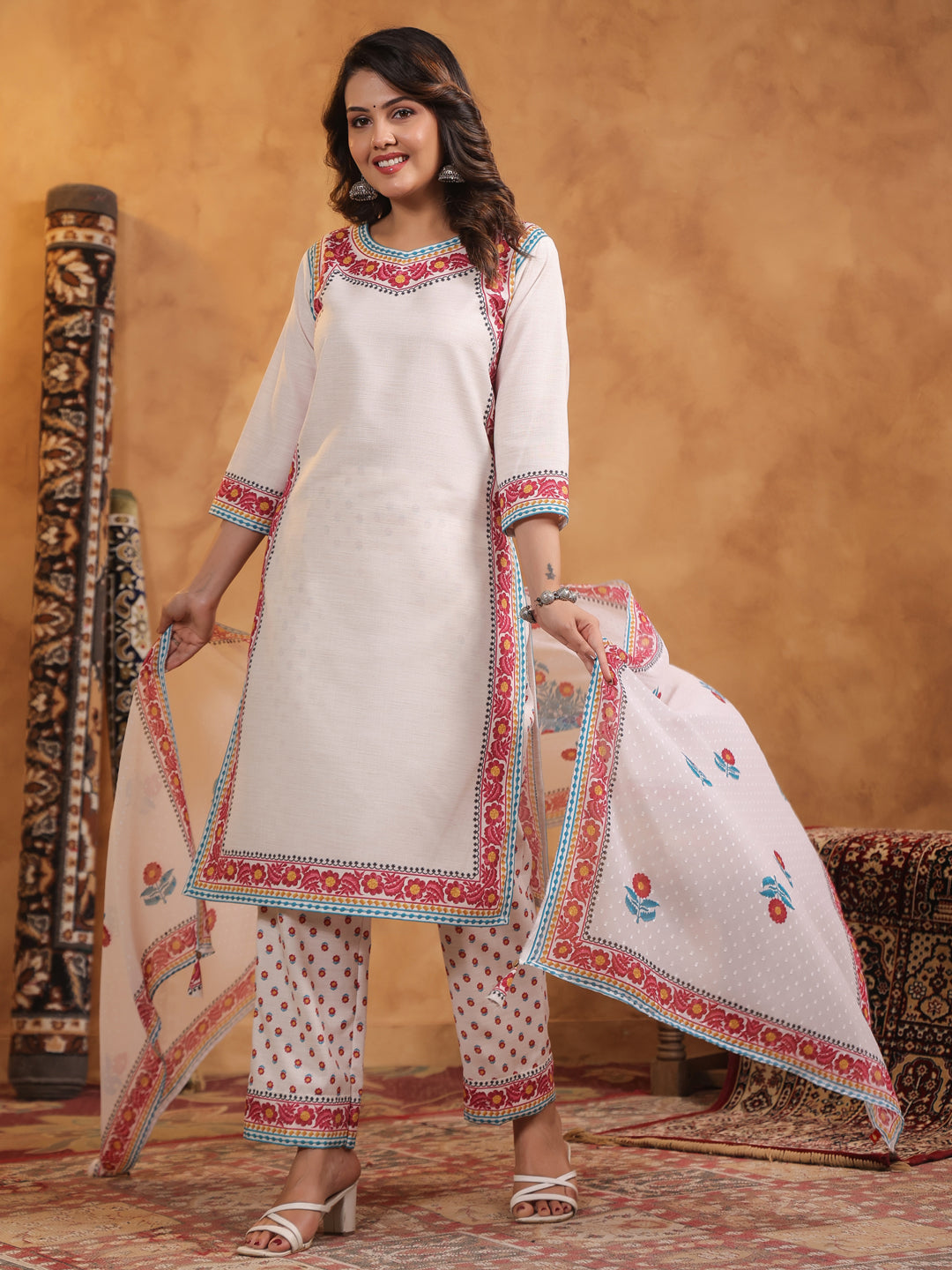 Ivory Round Neck Viscose Kurta Set with Dupatta