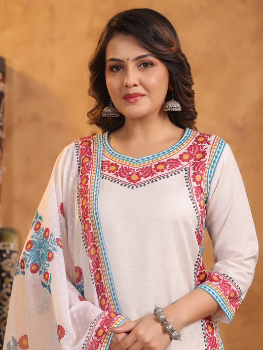 Ivory Round Neck Viscose Kurta Set with Dupatta