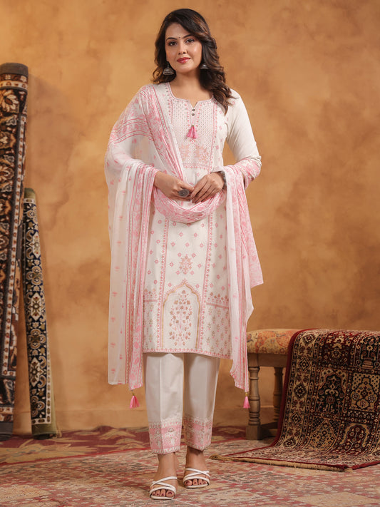 Span Off White Key Hole Neck Kurta Set with Dupatta