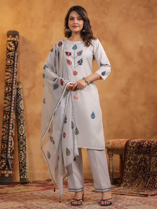Span Grey Round Neck Cotton Kurta Set with Dupatta