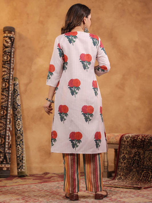 Span Pink V-Neck Cotton Kurta Set with Dupatta