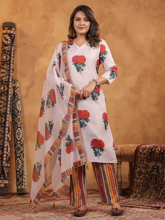 Span Pink V-Neck Cotton Kurta Set with Dupatta