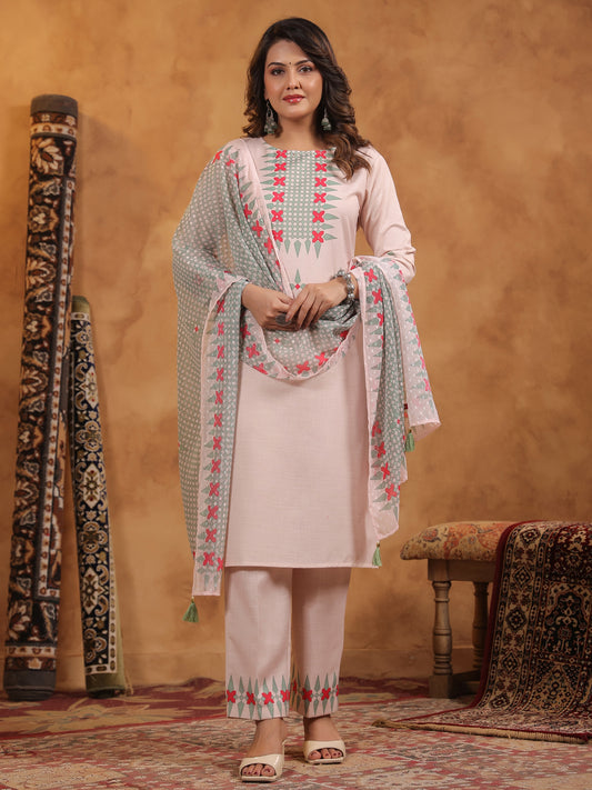 Span Pink Round Neck Cotton Kurta Set with Dupatta