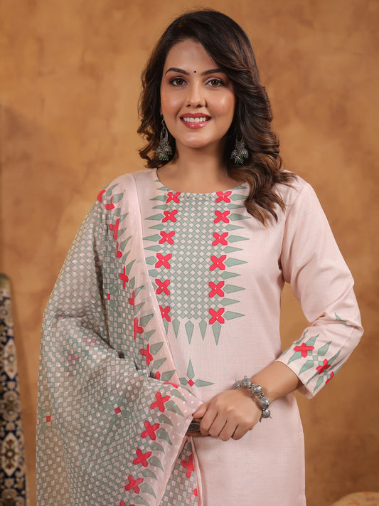 Span Pink Round Neck Cotton Kurta Set with Dupatta