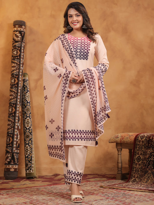 Span Pink Round Neck Cotton Kurta Set with Dupatta