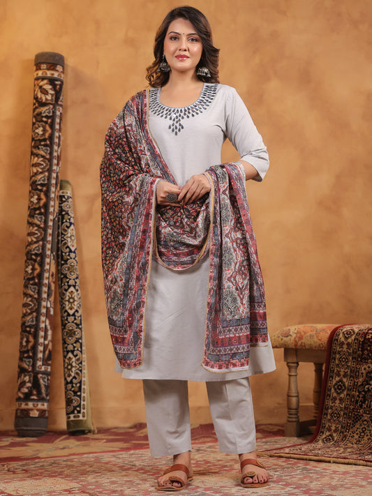Span Grey Round Neck Cotton Kurta Set with Dupatta