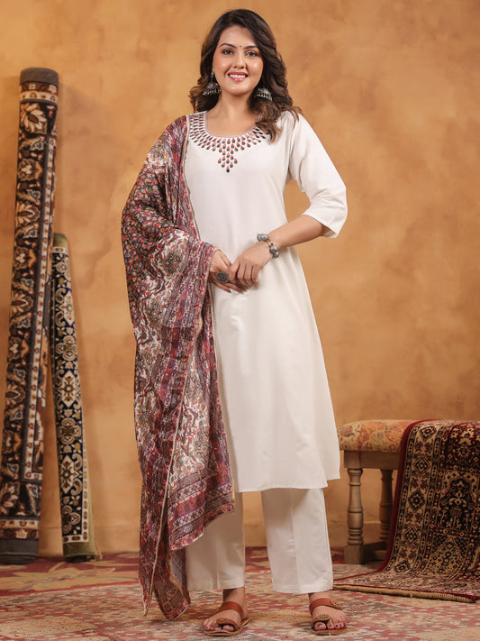 Span Off White Round Neck Cotton Kurta Set with Dupatta