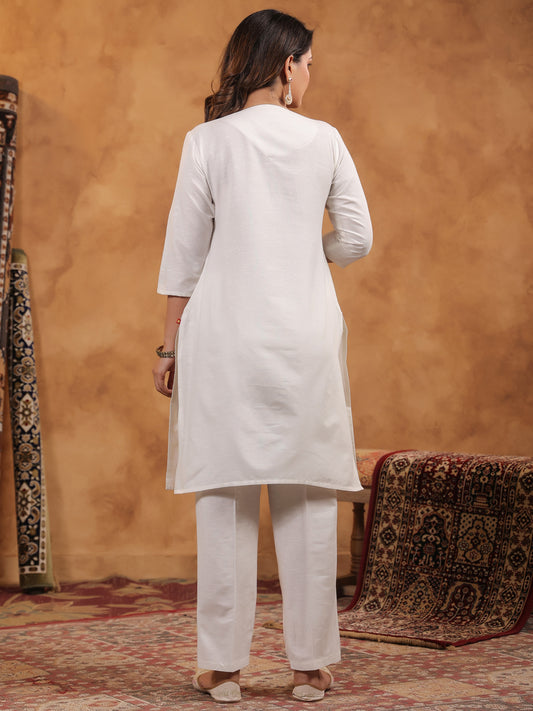 Span Off White Round Neck Kurta Set with Duaptta