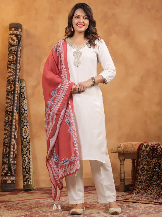 Span Off White Round V Neck Cotton Kurta Set with Dupatta