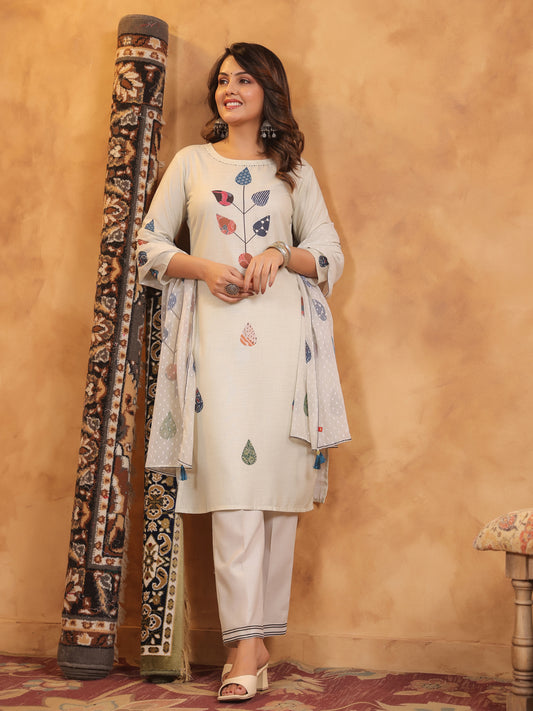 Span Ivory Round Neck Cotton Kurta Set with Dupatta
