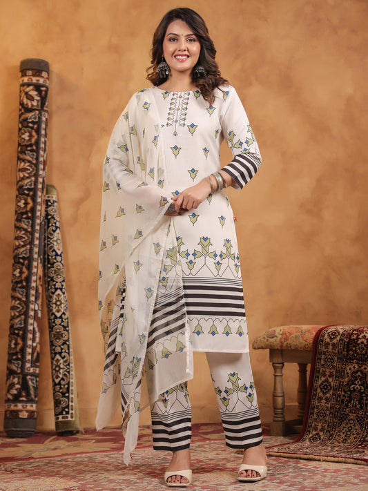 Span Ivory Round Neck Cotton Kurta Set with Dupatta