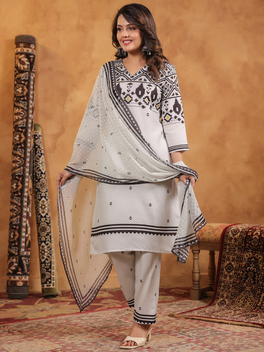 Span Grey V Neck Cotton Kurta Set with Dupatta