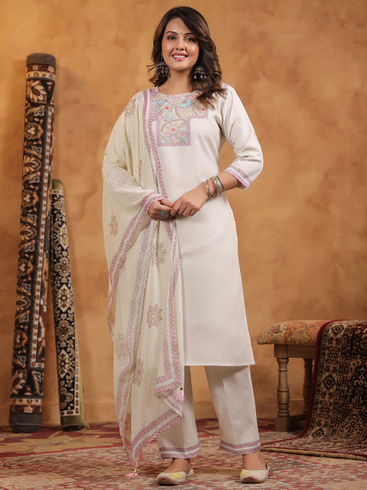 Span Ivory Round Neck Cotton Kurta Set with Dupatta