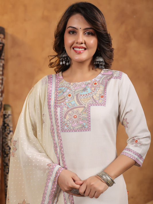 Span Ivory Round Neck Cotton Kurta Set with Dupatta