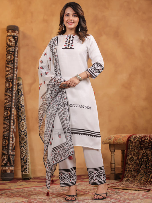 Span White Round Neck Cotton Kurta Set with Dupatta