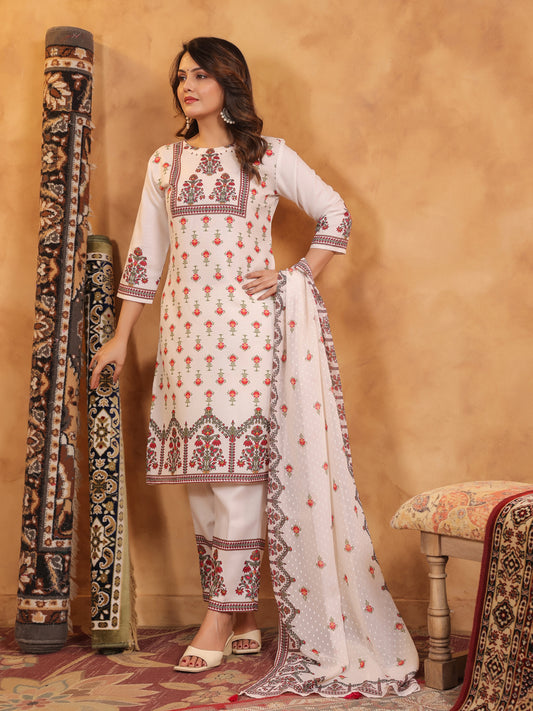 Span Ivory Round Neck Cotton Kurta Set with Dupatta