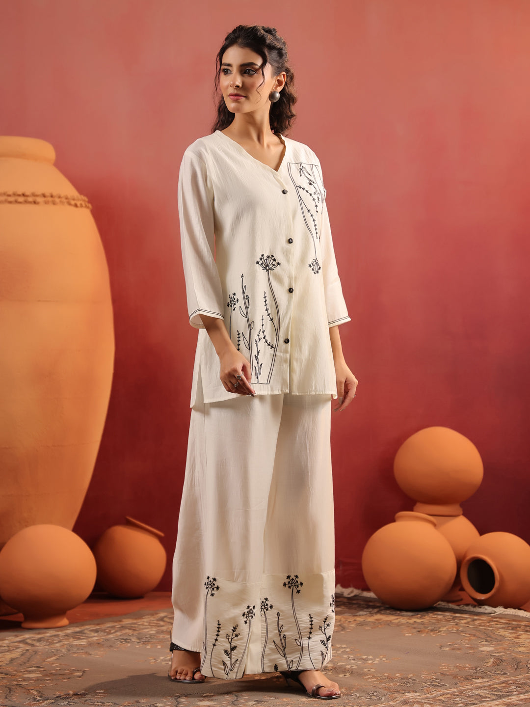 Off-White V-Neck Silk Cord Set