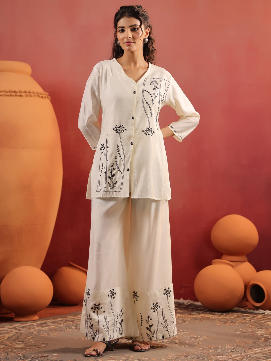 Off-White V-Neck Silk Cord Set