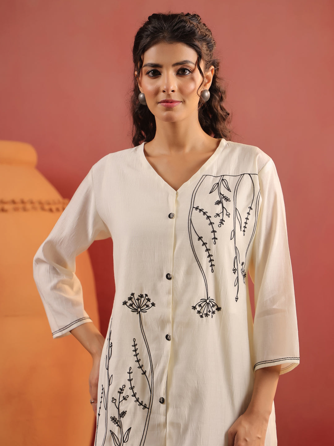 Off-White V-Neck Silk Cord Set