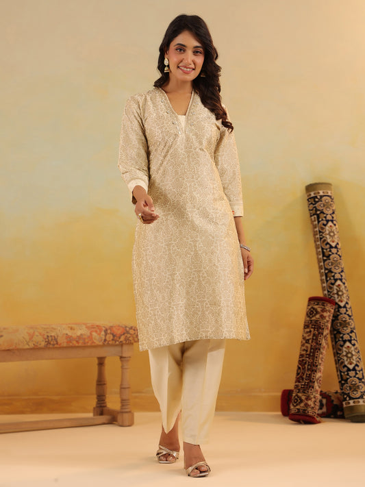 Span Ivory V Neck Silk Kurta