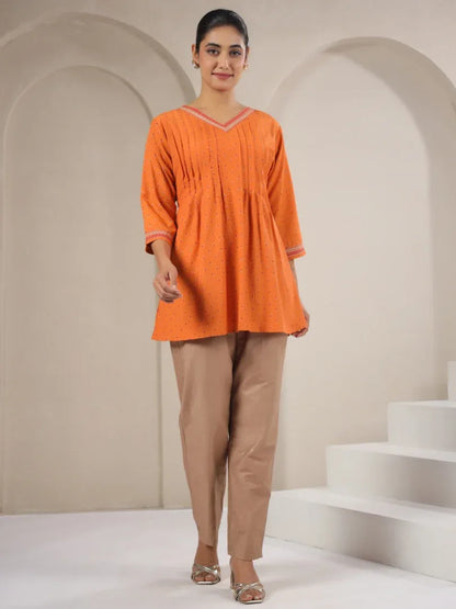 Span Orange V-Neck Rayon Short Kurta