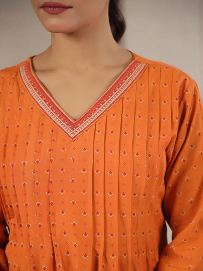 Span Orange V-Neck Rayon Short Kurta