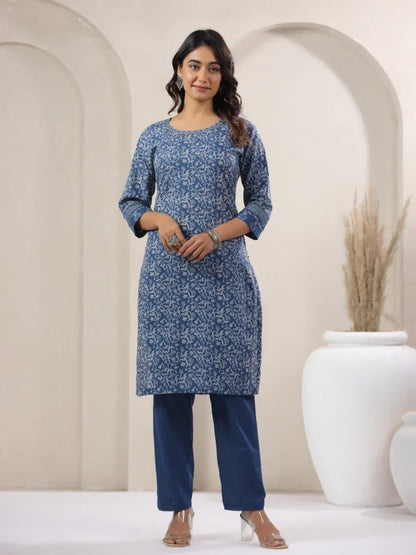 Span Blue Round Neck Cotton Kurta