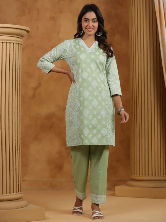 Span Green V-Neck Cotton Co-Ord Set (Set of 2)