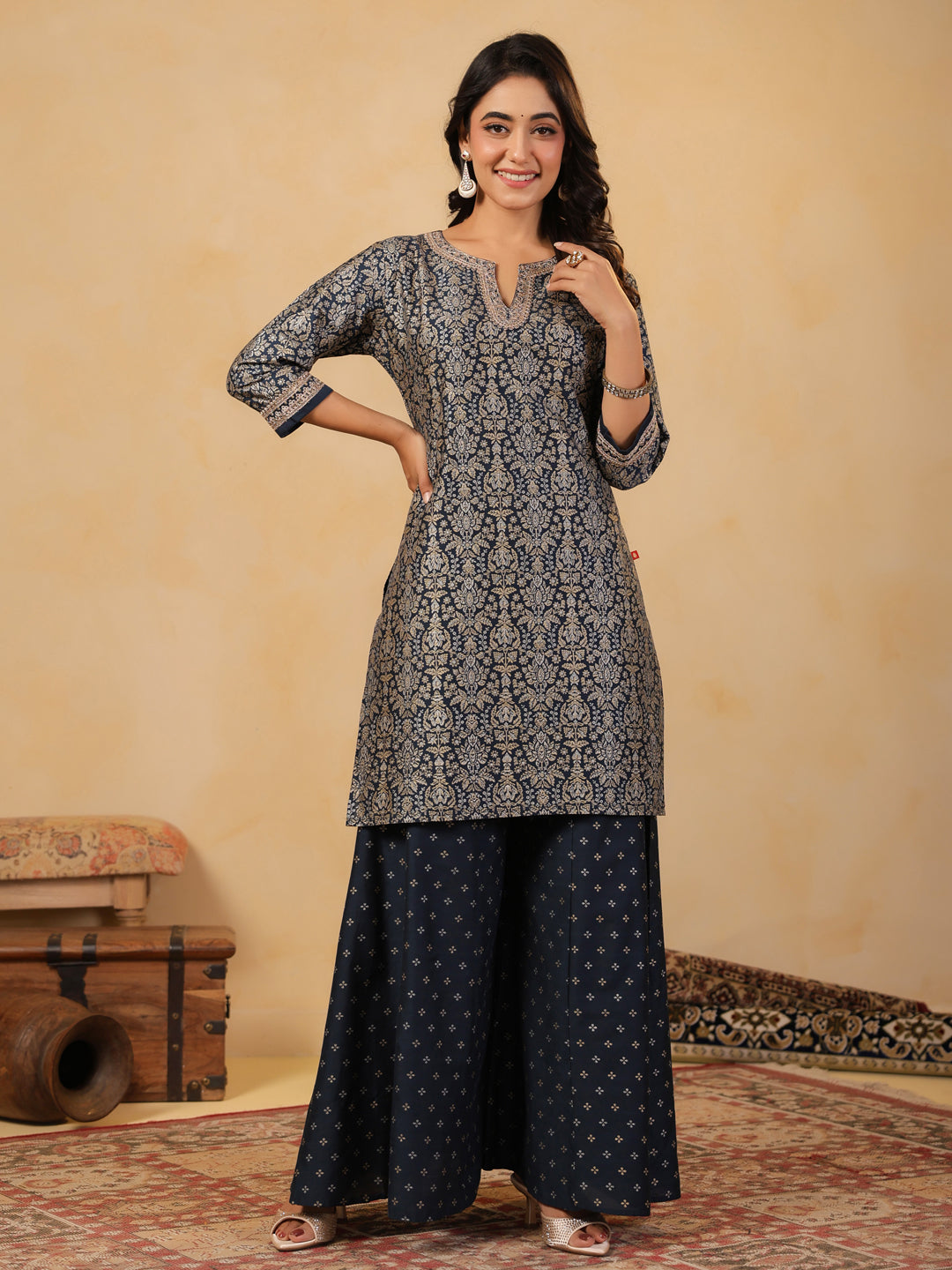 Span Blue V Neck Silk Kurta