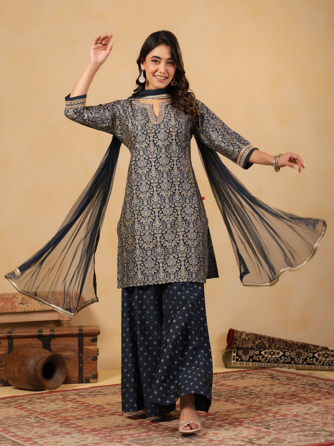 Span Blue V Neck Silk Kurta