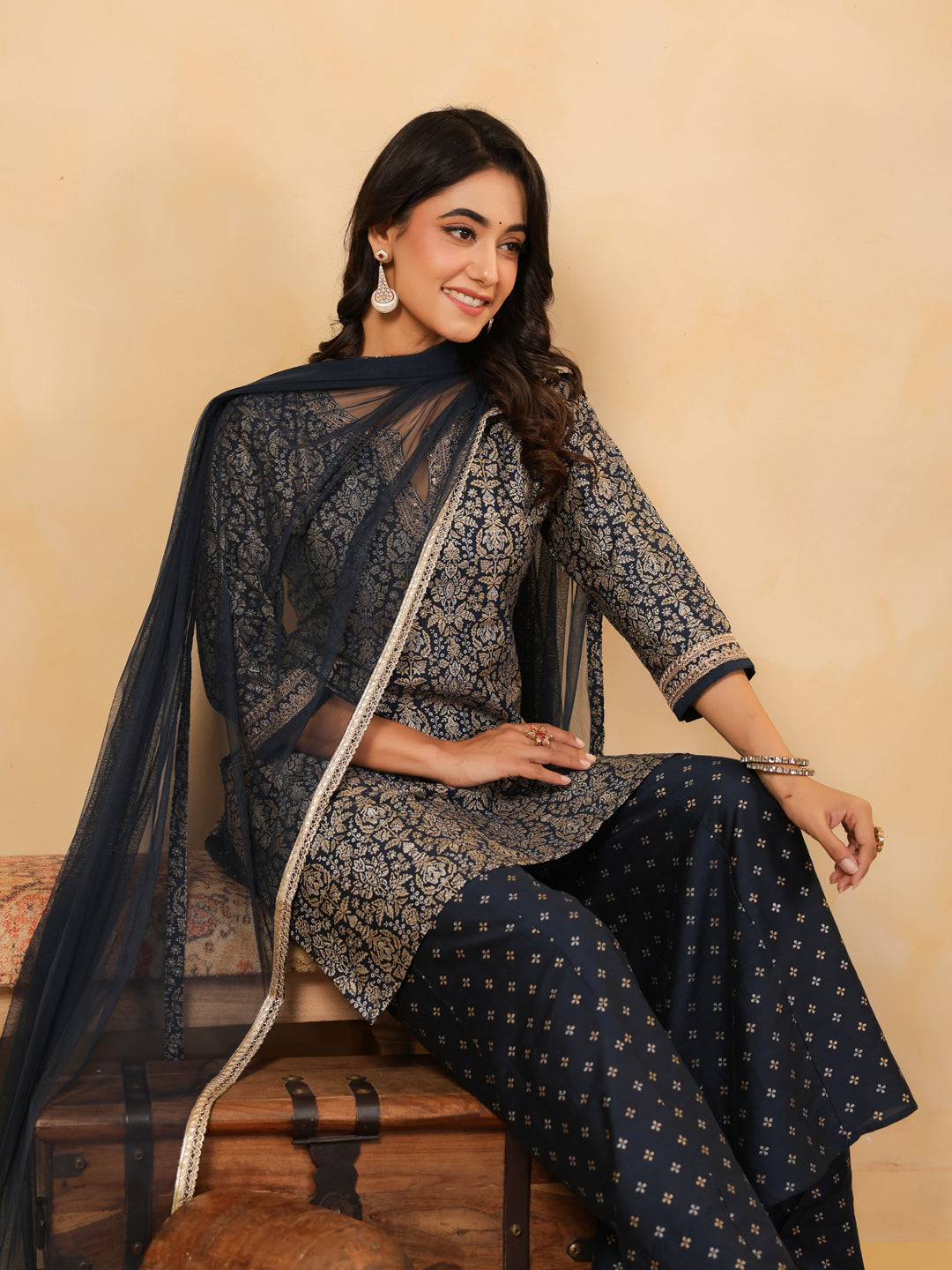 Span Blue V Neck Silk Kurta