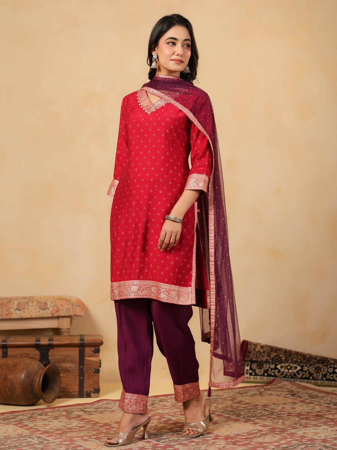 Span Pink V Neck Cotton Co-Ord Set (Set of 2)